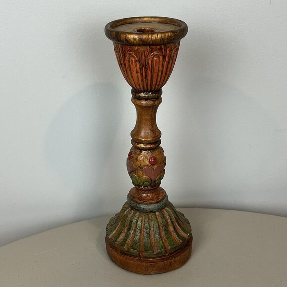 Carved Candle Holder Colorful Wood Slight Gold Tones 12” - Picture 2 of 12